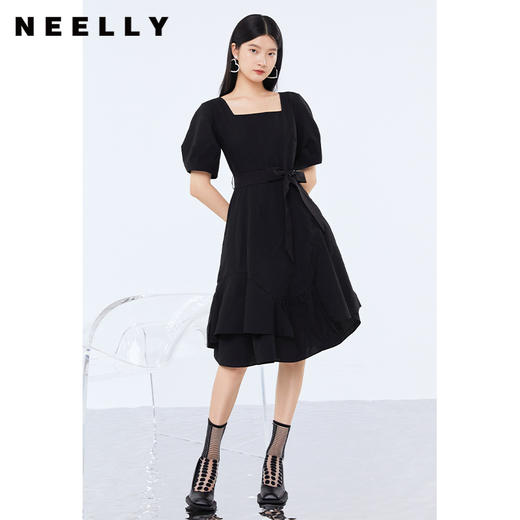 NEELLY纳俪小清新气质方领连衣裙女碎花收腰系带不规则A字裙夏季N22044Y04413 商品图1