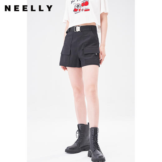 NEELLY纳俪商场同款2023夏季黑色短裤女系带阔腿休闲裤百搭直筒裤 商品图2