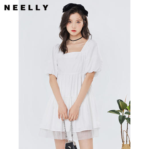 NEELLY纳俪气质方领连衣裙女泡泡袖甜美白色娃娃裙夏季大摆A字裙N23044Y04571 商品图0