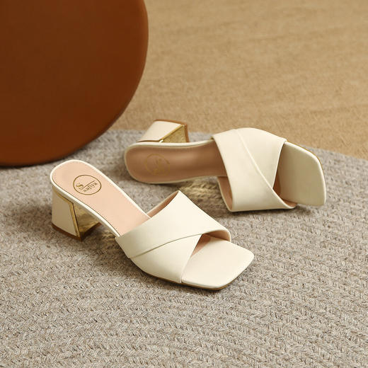 品质好货 | Safiya索菲娅2023新款二层牛皮鞋外穿凉拖粗跟高跟鞋百搭拖鞋子女鞋 商品图9