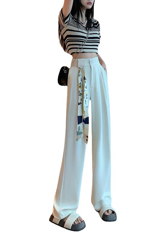 送彩色丝巾【窄版雪纺西装阔腿西裤】夏季2023女款高腰显瘦百搭休闲拖地垂感梨形身材西装裤 商品图4