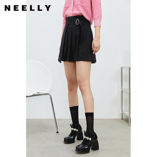 NEELLY纳俪商场同款半身裙女春夏新款短裙女百褶裙系带黑色裙子N22031E01128 商品图0