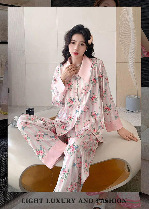 冰雪丝碎花翻领珍珠扣家居套装20002 商品图0