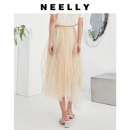 NEELLY纳俪商场同款不规则网纱裙高腰中长款抽褶A字公主裙半身裙 商品图3