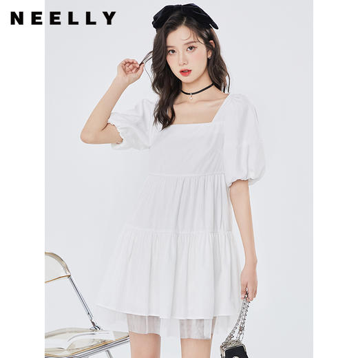 NEELLY纳俪气质方领连衣裙女泡泡袖甜美白色娃娃裙夏季大摆A字裙N23044Y04571 商品图2