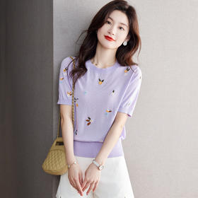 宽松减龄，女士短袖t恤薄款气质刺绣针织体恤轻奢小众上衣夏季CC-J3469