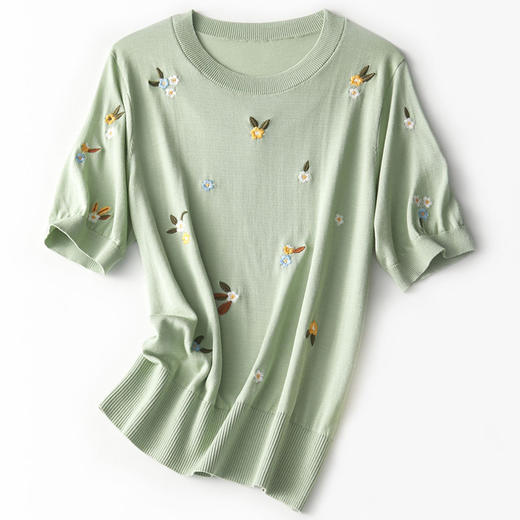 宽松减龄，女士短袖t恤薄款气质刺绣针织体恤轻奢小众上衣夏季CC-J3469 商品图4