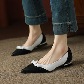 优雅法式，真皮舒适撞色尖头低跟单鞋HYT-7220B