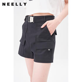 NEELLY纳俪商场同款2023夏季黑色短裤女系带阔腿休闲裤百搭直筒裤