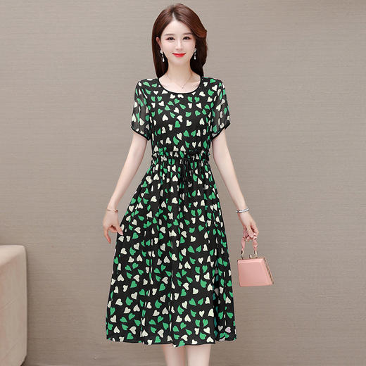 简约修身，夏款中长款印花时尚雪纺裙圆领短袖气质休闲连衣裙QYM-OMS-SLA318-L 商品图1