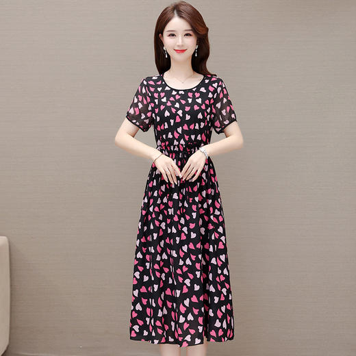 简约修身，夏款中长款印花时尚雪纺裙圆领短袖气质休闲连衣裙QYM-OMS-SLA318-L 商品图0