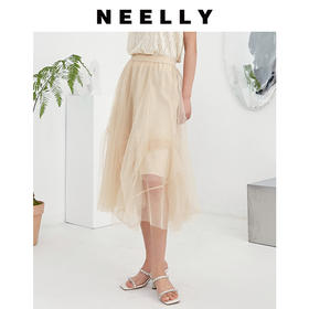 NEELLY纳俪商场同款不规则网纱裙高腰中长款抽褶A字公主裙半身裙