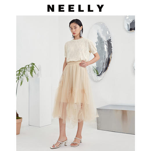 NEELLY纳俪商场同款不规则网纱裙高腰中长款抽褶A字公主裙半身裙 商品图1