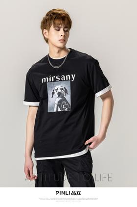 PINLI品立春季新款圆领印花短袖T恤男士潮牌上衣BG231111010