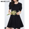 NEELLY纳俪不对称设计翻领连衣裙女泡泡袖A字裙中长款收腰小黑裙 商品缩略图2
