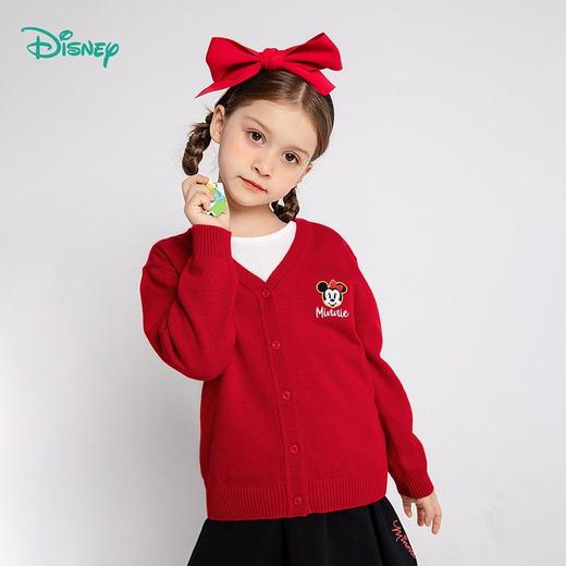 迪士尼童装 儿童纯棉毛衣春秋女童针织衫中小童女孩开衫新年大红221S1664 商品图0
