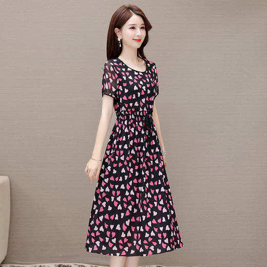 简约修身，夏款中长款印花时尚雪纺裙圆领短袖气质休闲连衣裙QYM-OMS-SLA318-L 商品图2