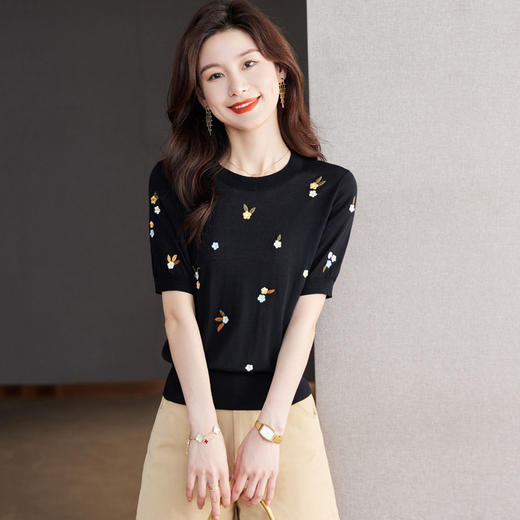 宽松减龄，女士短袖t恤薄款气质刺绣针织体恤轻奢小众上衣夏季CC-J3469 商品图2