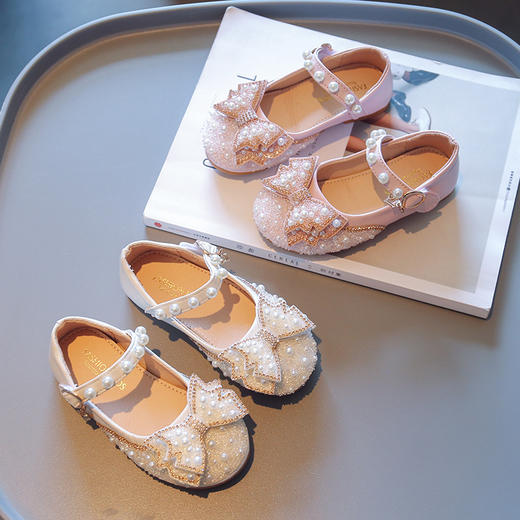 蝴蝶结水钻小皮鞋宝宝防滑软底豆豆鞋女童公主鞋2023春季新款韩版 商品图1