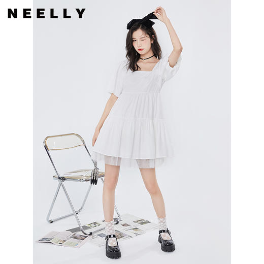 NEELLY纳俪气质方领连衣裙女泡泡袖甜美白色娃娃裙夏季大摆A字裙N23044Y04571 商品图1