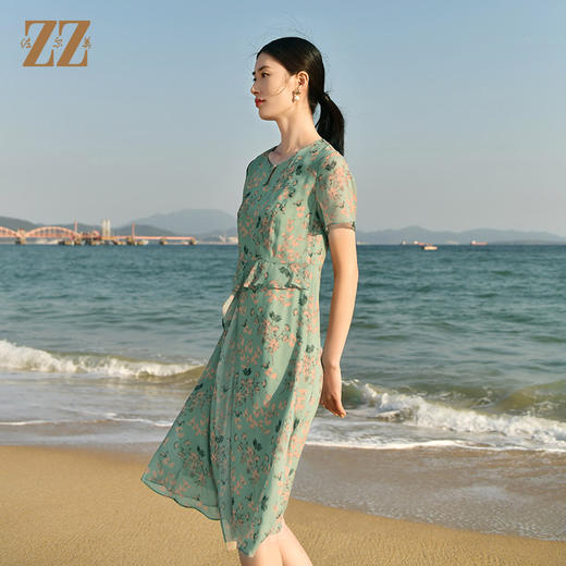 佐尔美夏季新款 气质100%桑蚕丝真丝小碎花连衣裙女E32LS50 商品图1