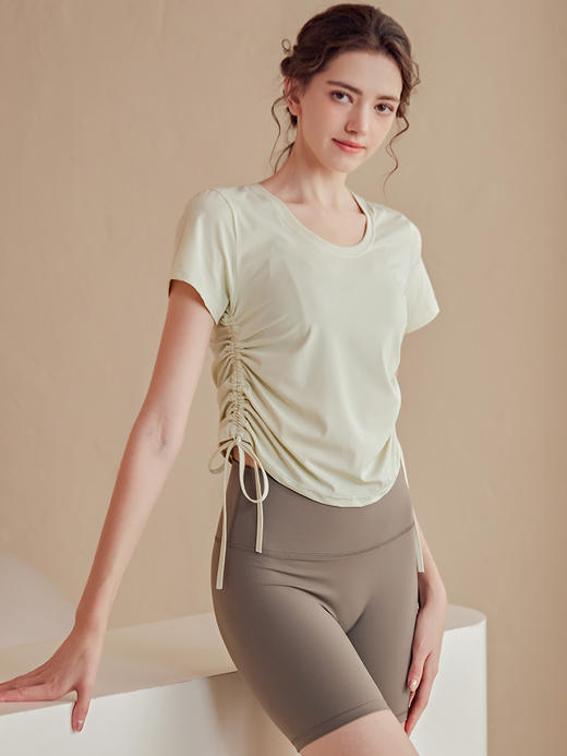 2023luulu新品双侧抽绳高端莱卡luulu瑜伽服女性感速干透气运动短袖上衣T恤 商品图2