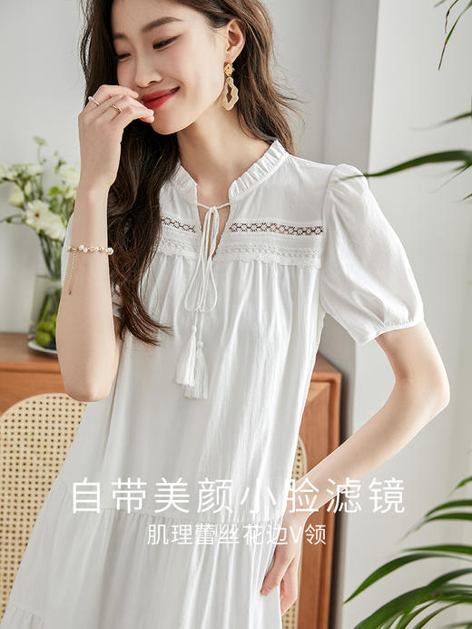 【618秒杀】熙世界度假风法式白色连衣裙女2025夏季新款宽松显瘦泡泡袖中长裙 商品图1
