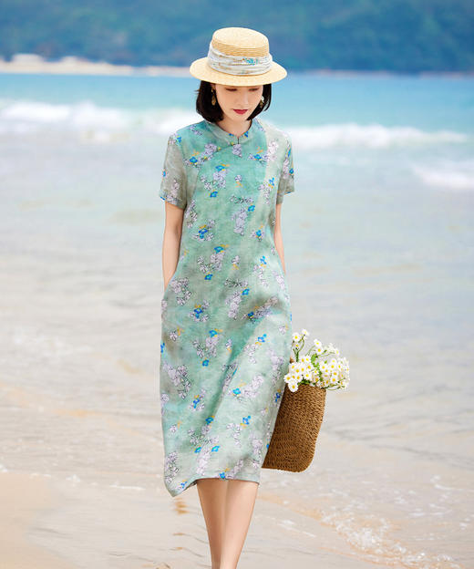 夏季新款，苎麻印花改良旗袍复古小个子立领短袖国风文艺连衣裙YM-S384 商品图1