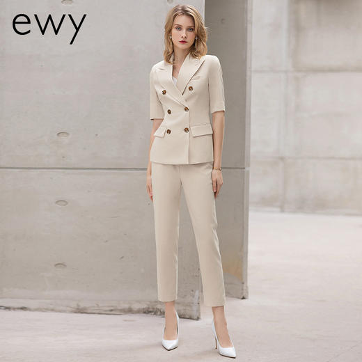 时尚高端米白色短袖西装套裤女夏季薄款职业西服套装主持人ol 商品图1