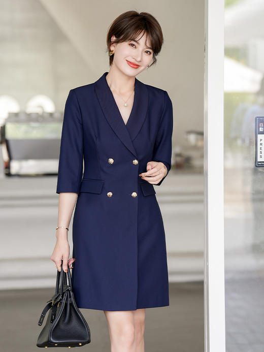 蓝色连衣裙女夏短袖薄款2023新款双排扣西装裙正装工作服 商品图3