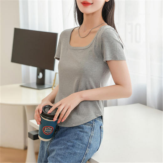 【简约优雅，舒适到忘了它的存在】2023夏季新款螺纹短袖t恤女ins小众设计修身显瘦U领上衣 商品图7