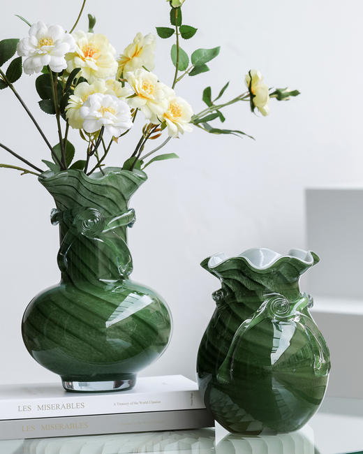 磁粉墨绿钱袋蝴蝶结玻璃花瓶摆件饰品餐桌器皿花边口卷边花器 商品图2