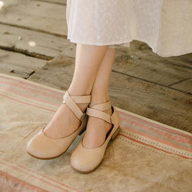 绽放G085朵/复古百搭牛皮圆头亮面防滑耐磨米色法式芭蕾小皮鞋女