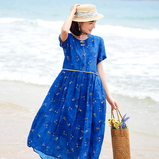 夏季新款，苎麻印花连衣裙文艺复古克莱因蓝显瘦棉麻A字大摆裙YM-S376-1 商品图0