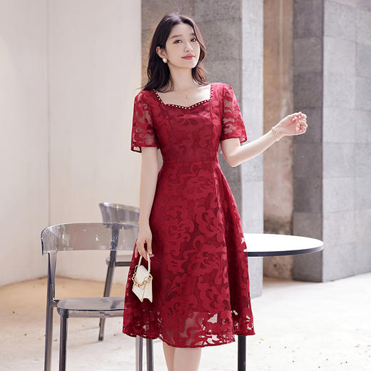 奢姿2025年夏装新款大码女装气质方领连衣裙胖妹妹蕾丝时尚裙子9932867036 商品图1