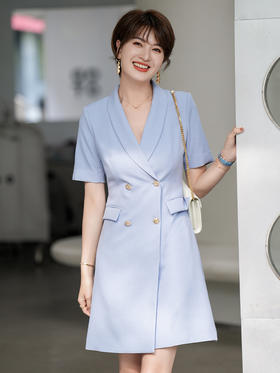 蓝色连衣裙女夏短袖薄款2023新款双排扣西装裙正装工作服