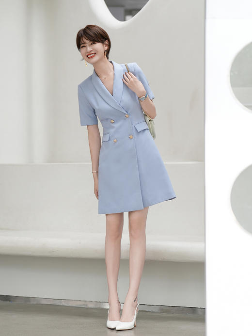 蓝色连衣裙女夏短袖薄款2023新款双排扣西装裙正装工作服 商品图1