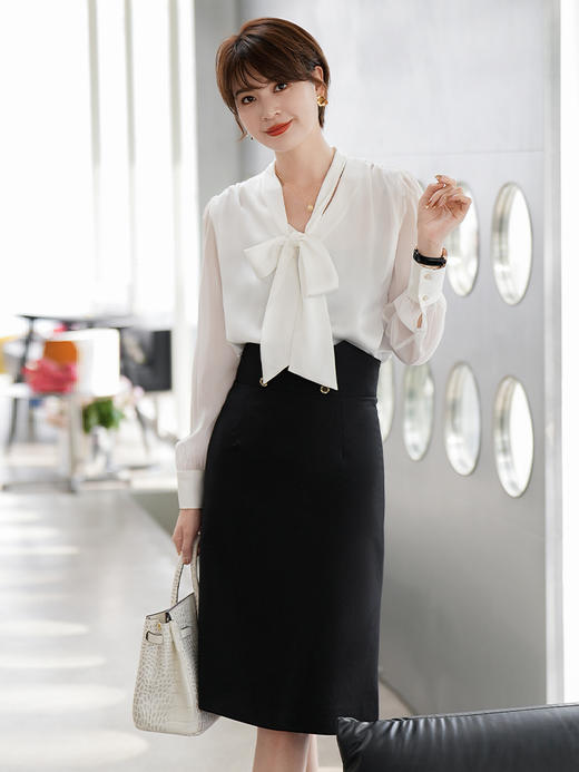 白色衬衣职业套裙套装2023夏季新款系带飘带时尚套装裙子 商品图0