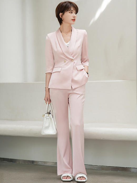 粉色西装外套女光泽感2023夏季新款七分袖正装职业套装 商品图2