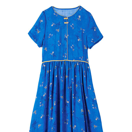 夏季新款，苎麻印花连衣裙文艺复古克莱因蓝显瘦棉麻A字大摆裙YM-S376-1 商品图4