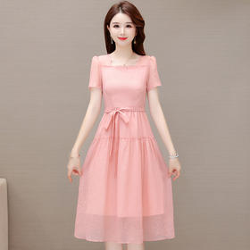 方领纯色裙中长款，系带收腰打底A字裙QYM-53058