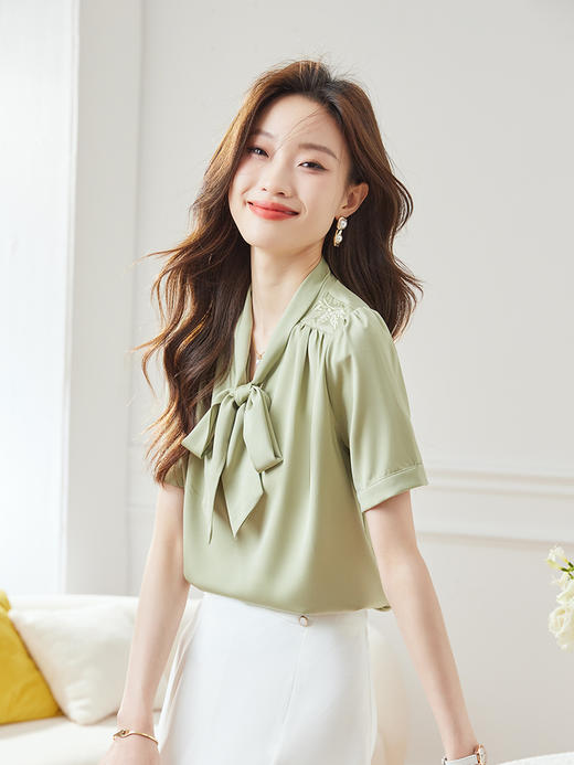 甜美蝴蝶结短袖衬衫女2023夏季新款小众垂感衬衣别致上衣 商品图1