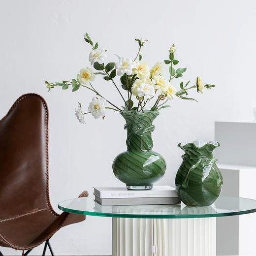 磁粉墨绿钱袋蝴蝶结玻璃花瓶摆件饰品餐桌器皿花边口卷边花器 商品图3