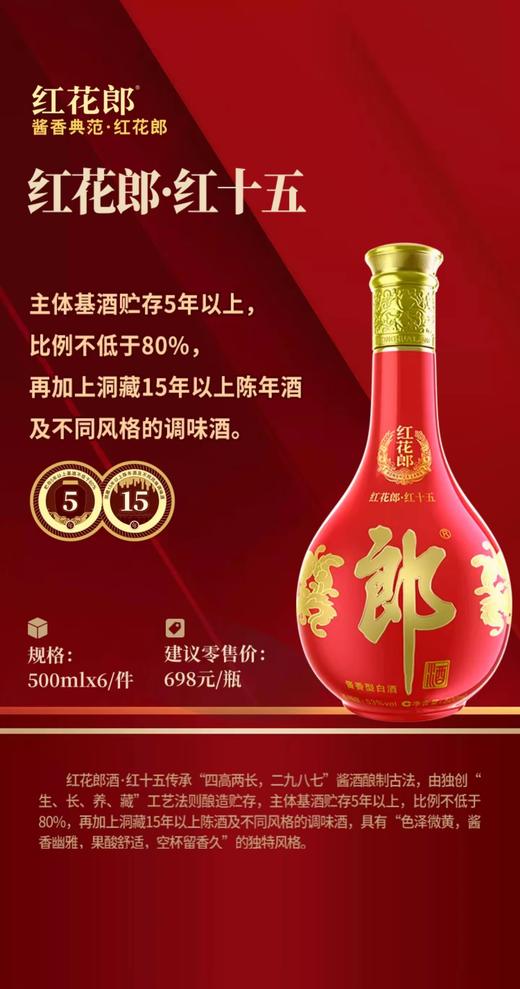 郎酒红花郎 15年53度500ml 酱香型白酒结婚喜宴商务招待用酒 商品图2