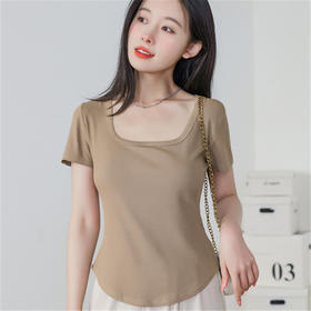 【简约优雅，舒适到忘了它的存在】2023夏季新款螺纹短袖t恤女ins小众设计修身显瘦U领上衣