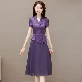 西装领短袖上衣，拼结雪纺连衣裙假两件QYM-CX23A45