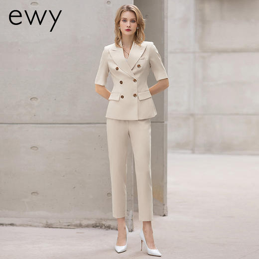 时尚高端米白色短袖西装套裤女夏季薄款职业西服套装主持人ol 商品图0