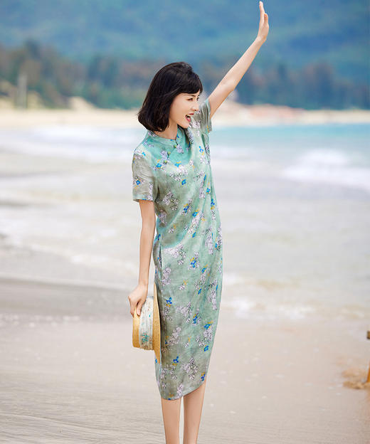 夏季新款，苎麻印花改良旗袍复古小个子立领短袖国风文艺连衣裙YM-S384 商品图2