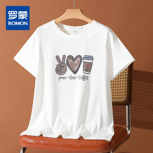 罗蒙夏季短袖T恤女士时尚休闲百搭仿真丝印花个性套头T恤衫 商品图3