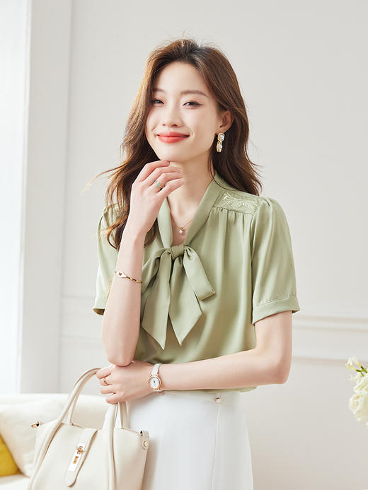 甜美蝴蝶结短袖衬衫女2023夏季新款小众垂感衬衣别致上衣 商品图2
